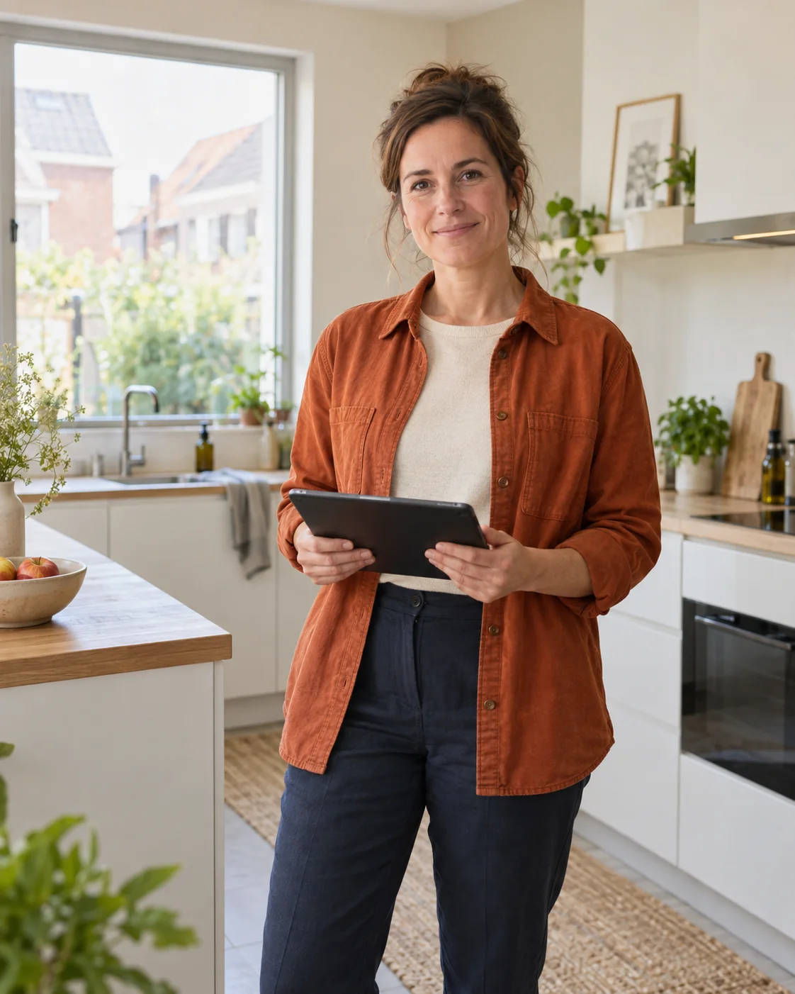 Een energiedeskundige met een tablet in een lichte woning