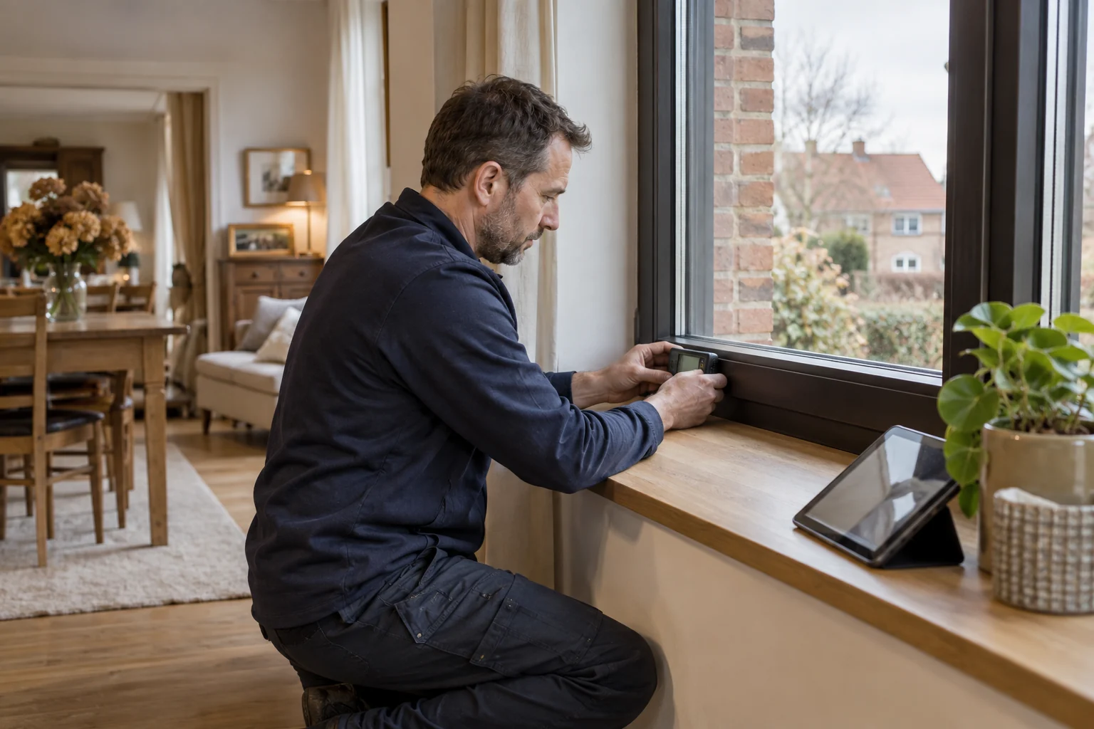 Energiedeskundige meet een raam tijdens een woningbezoek