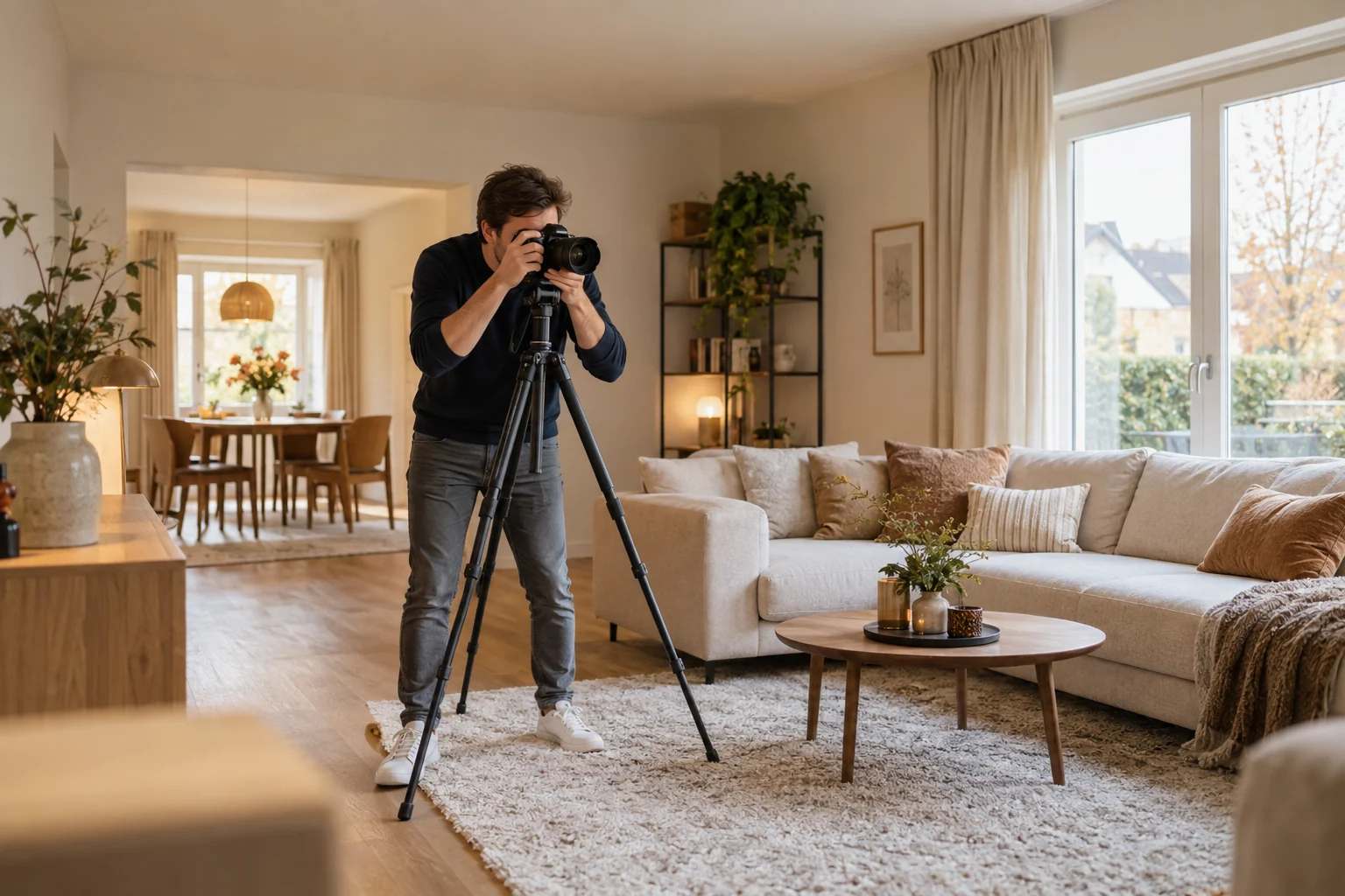 Vastgoedfotograaf fotografeert een woonkamer