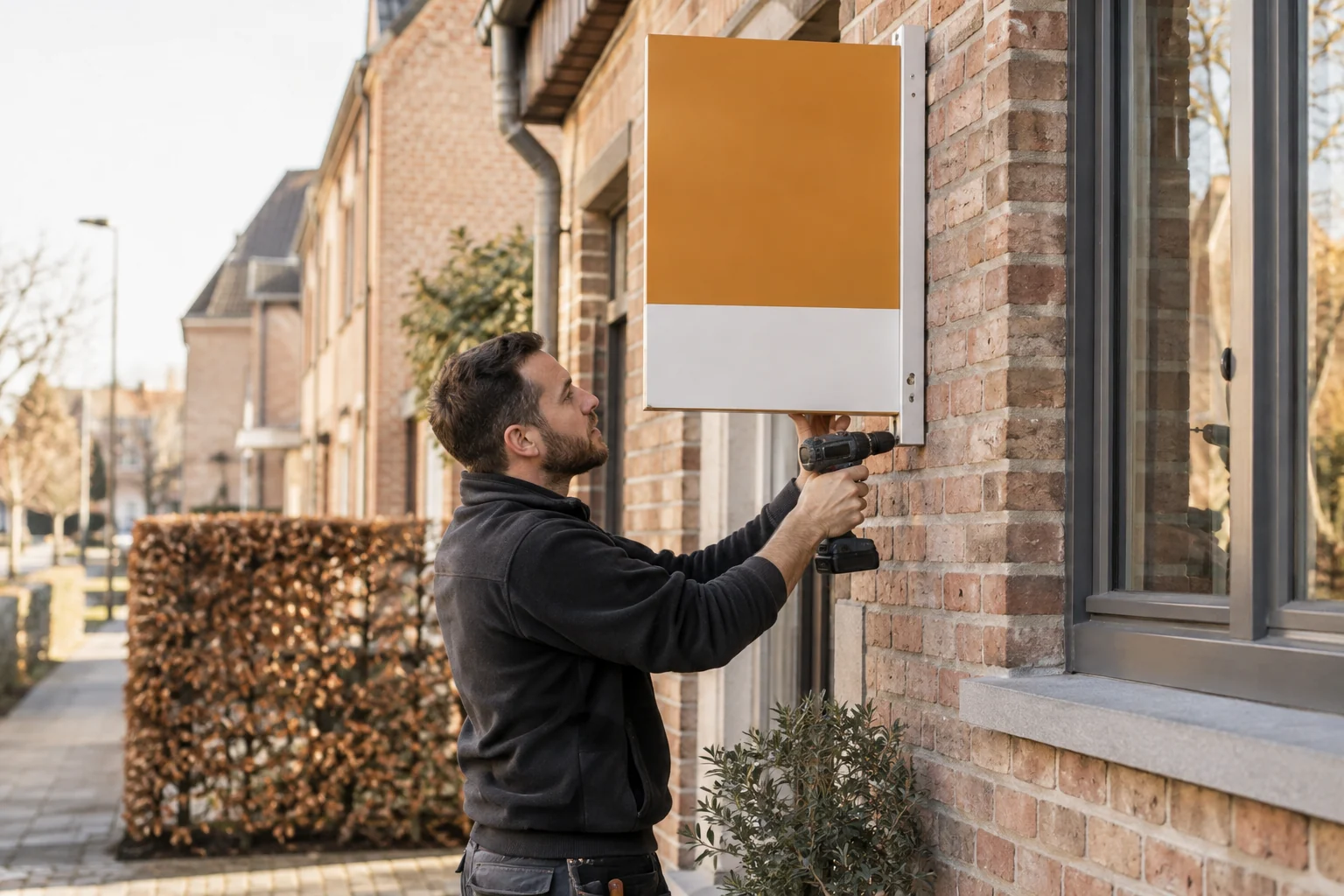 Medewerker bevestigt een vastgoedbord aan een gevel