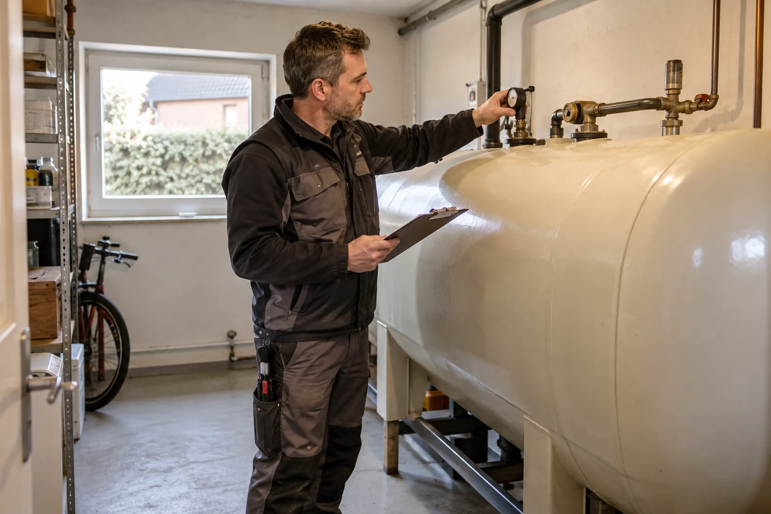 Technicus inspecteert een bovengrondse stookolietank