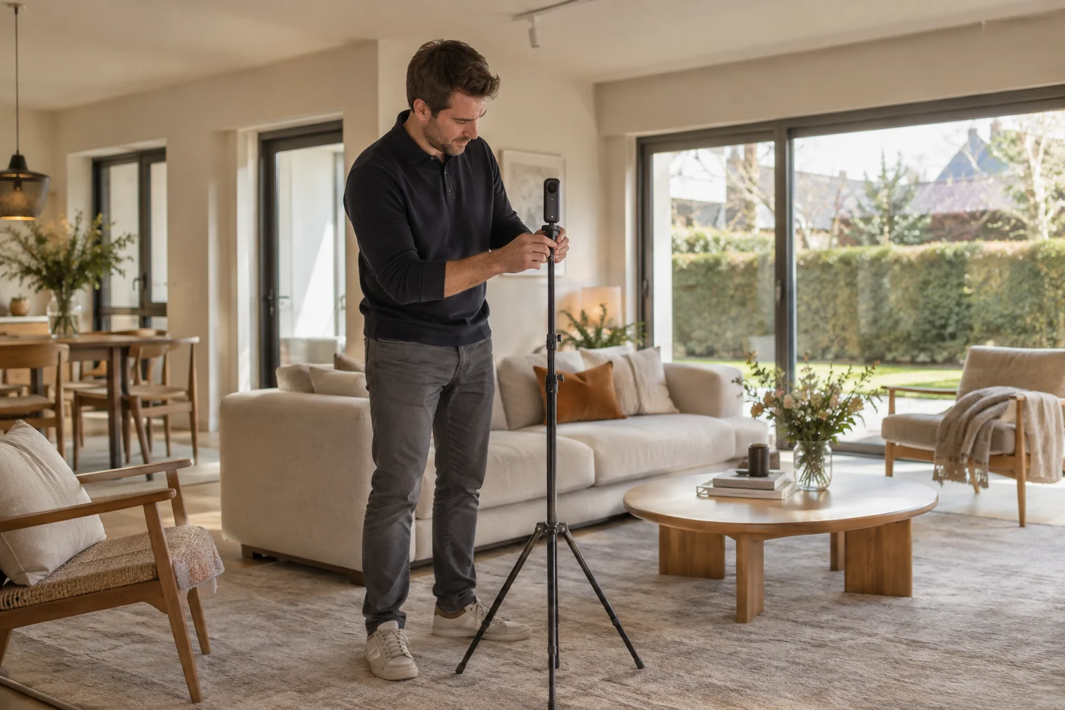 Specialist maakt een virtuele rondleiding met een 360-gradencamera
