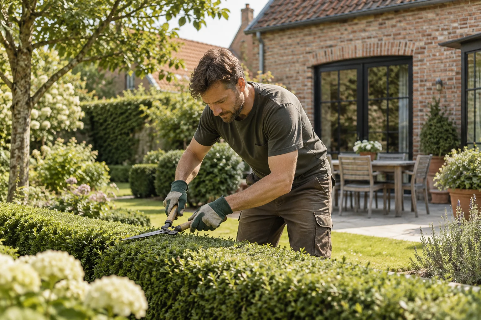 Tuinier verzorgt een haag