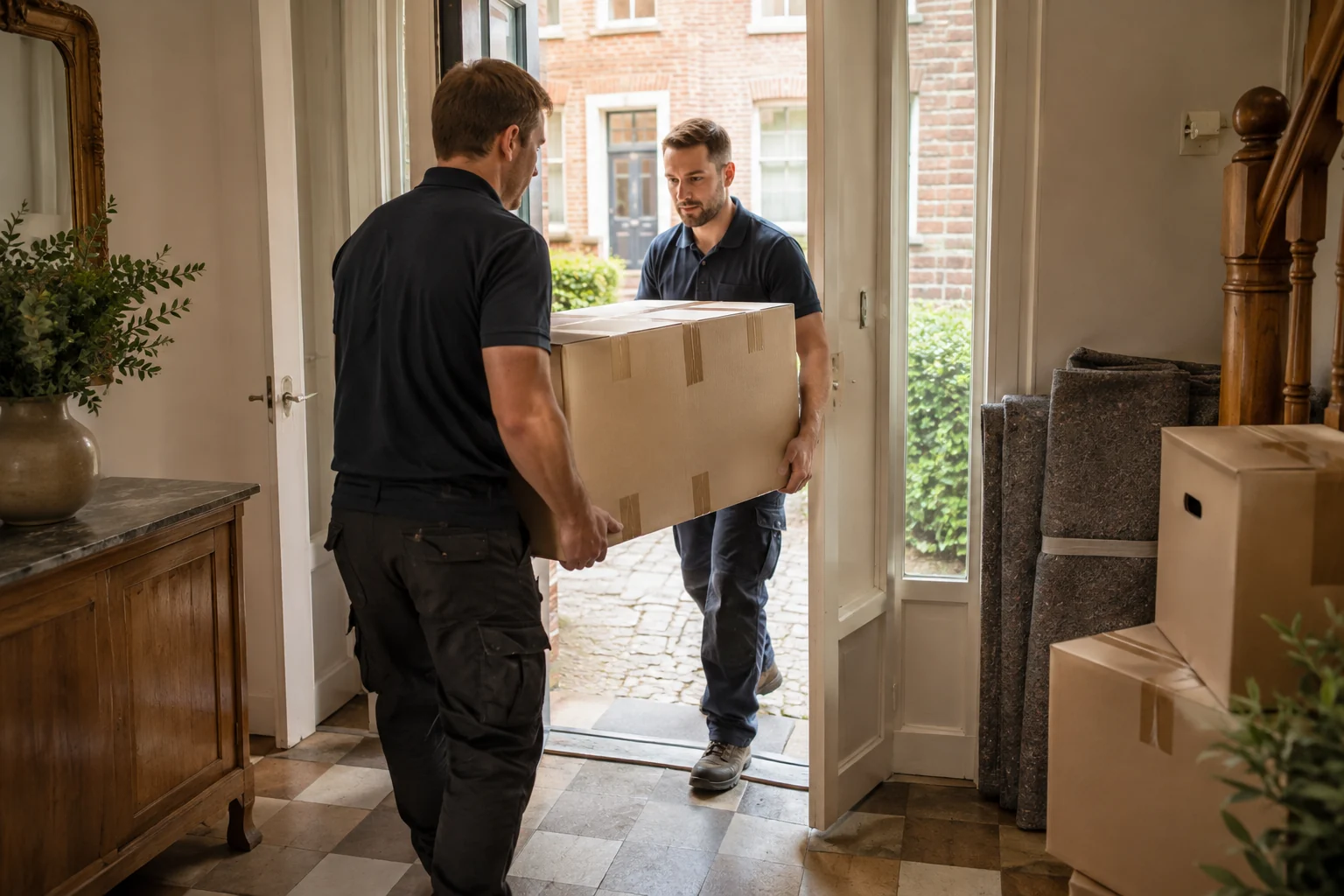 Verhuizers dragen een doos uit een woning