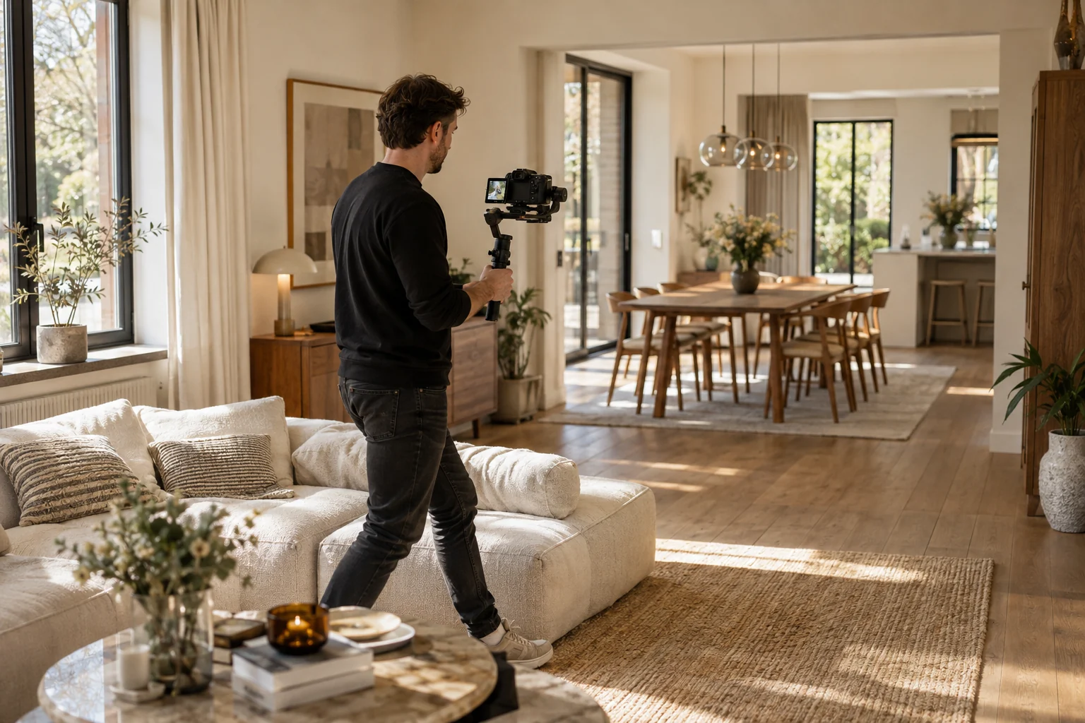 Videograaf filmt een woning met een gestabiliseerde camera